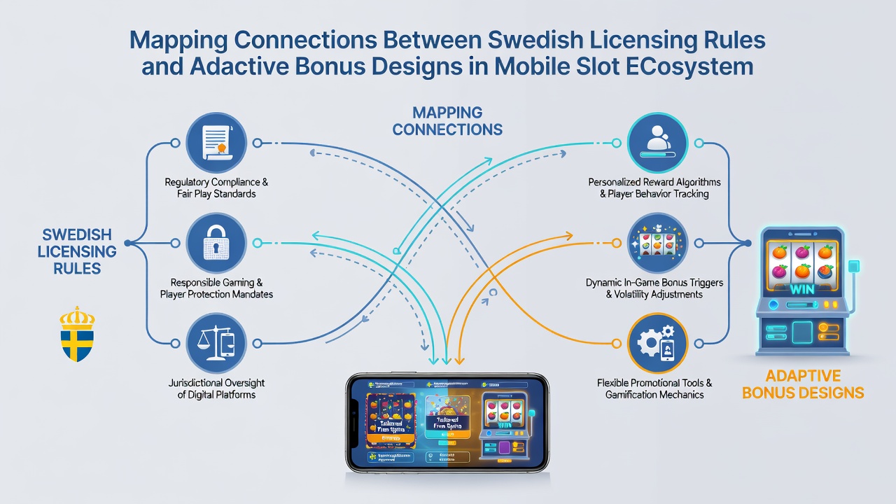 Mobile device screen showing adaptive bonus notification in a slot game alongside regulatory compliance checklist overlay